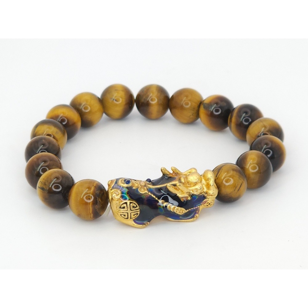 Natural Tigers Eye Bracelet Pixiu Charm Lucky Prosperity 8" Detailed .999 plated